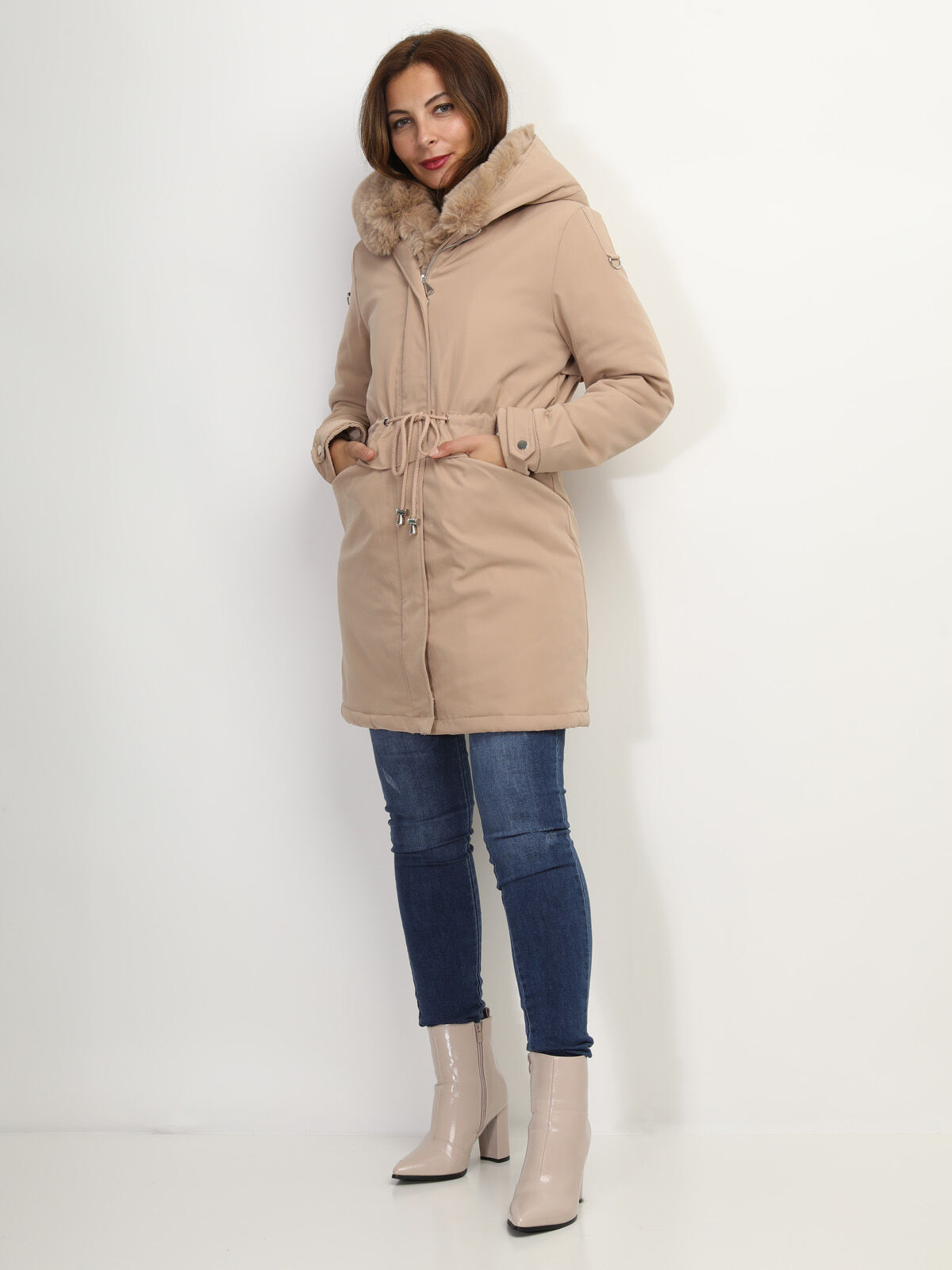 Manteau parka avec détails fausse fourrure- Beige