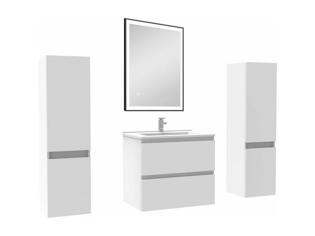 Meubles Salle de Bain 60cm avec colonne et miroir lumineux 3 couleurs blanc