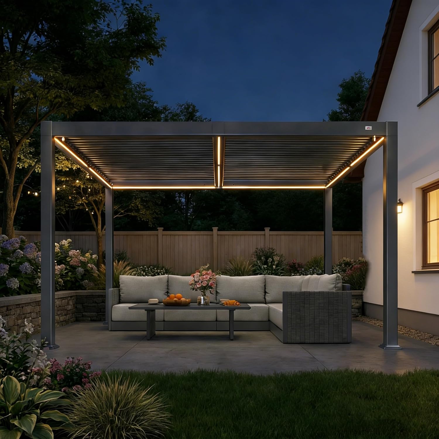 PURPLE LEAF Pergola 3 x 3.65 m mit Lamellendach Wasserdicht Stabil Winterfest Terrassenüberdachung Freistehend Lamellenpergola Verstellbaren Alu-Lamellen mit LED-Lichtleiste für Garten, Grau