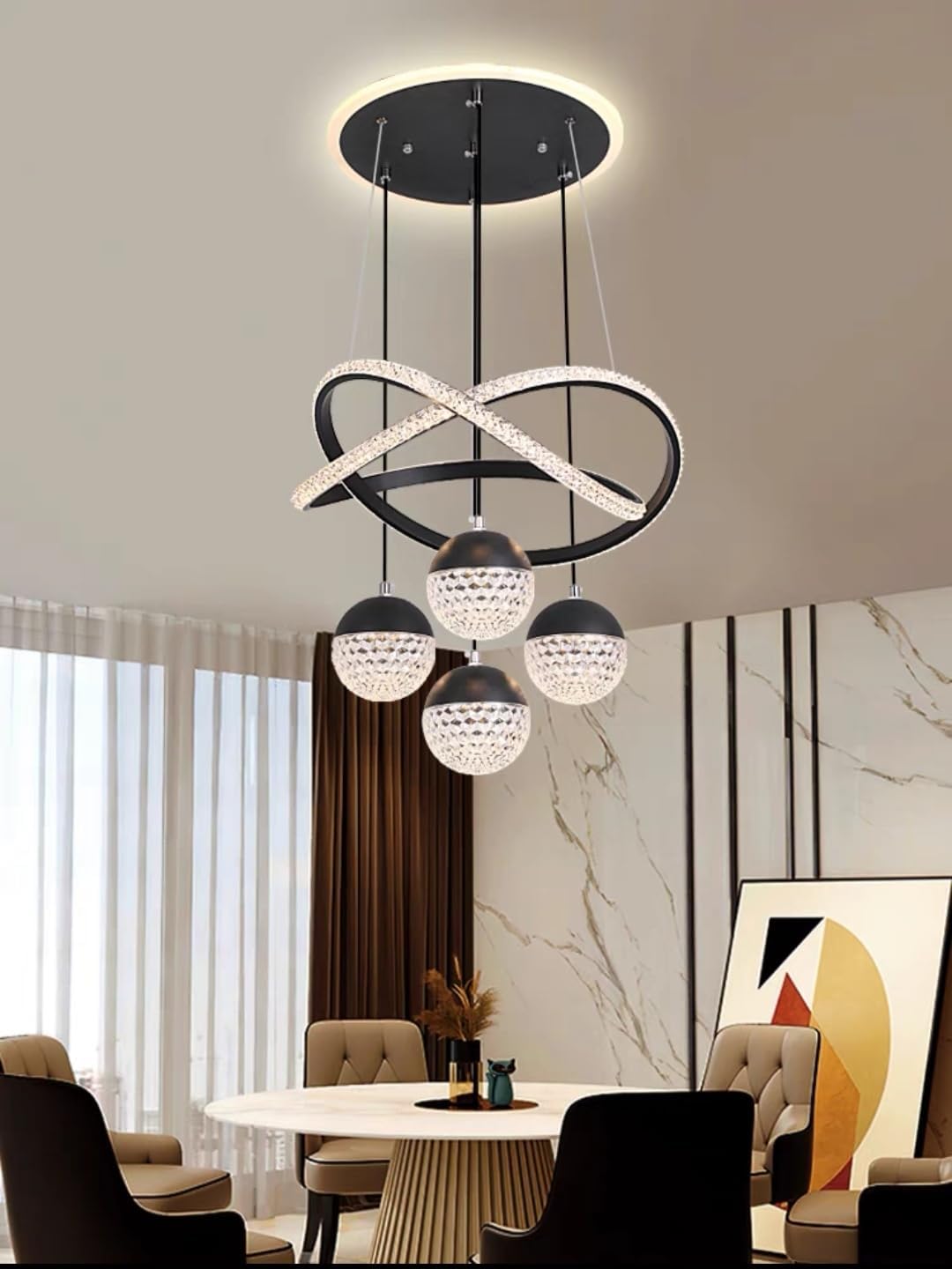 LED Pendelleuchte Schwarz dimmbare mit Fernbedienung 3000k-6500k Moderne 4 Ball Kristall Hängelampe 54W Esszimmerlampe hängend höhenverstellbar Esstischlampe für Wohnzimmer Esszimmer Schlafzimmer