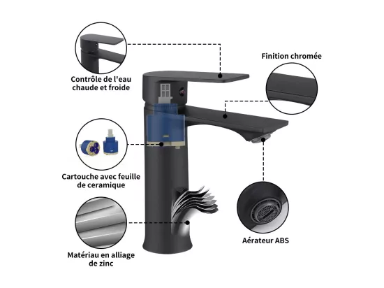 Robinet Salle de Bain Mitigeur Lavabo Noir Mono-trou Robinetterie Lave-mains pour Salle de Bain en Acier Inox Design Elégant