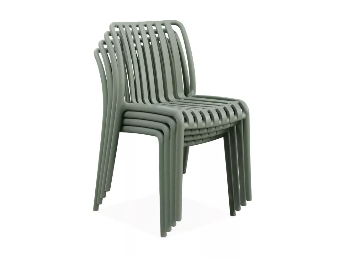 Lot de 4 chaises de jardin en plastique vert de gris. empilables. déjà montées