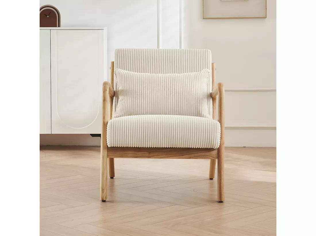 Fauteuil en bois et velours côtelé beige - Lanna