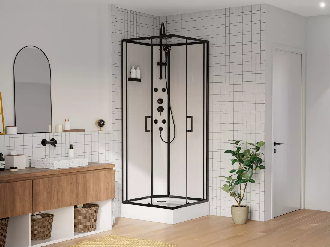 Cabine de douche hydromassante en fibre de bambou - Noir mat - L80 x l80 x H225 cm - ARDALI