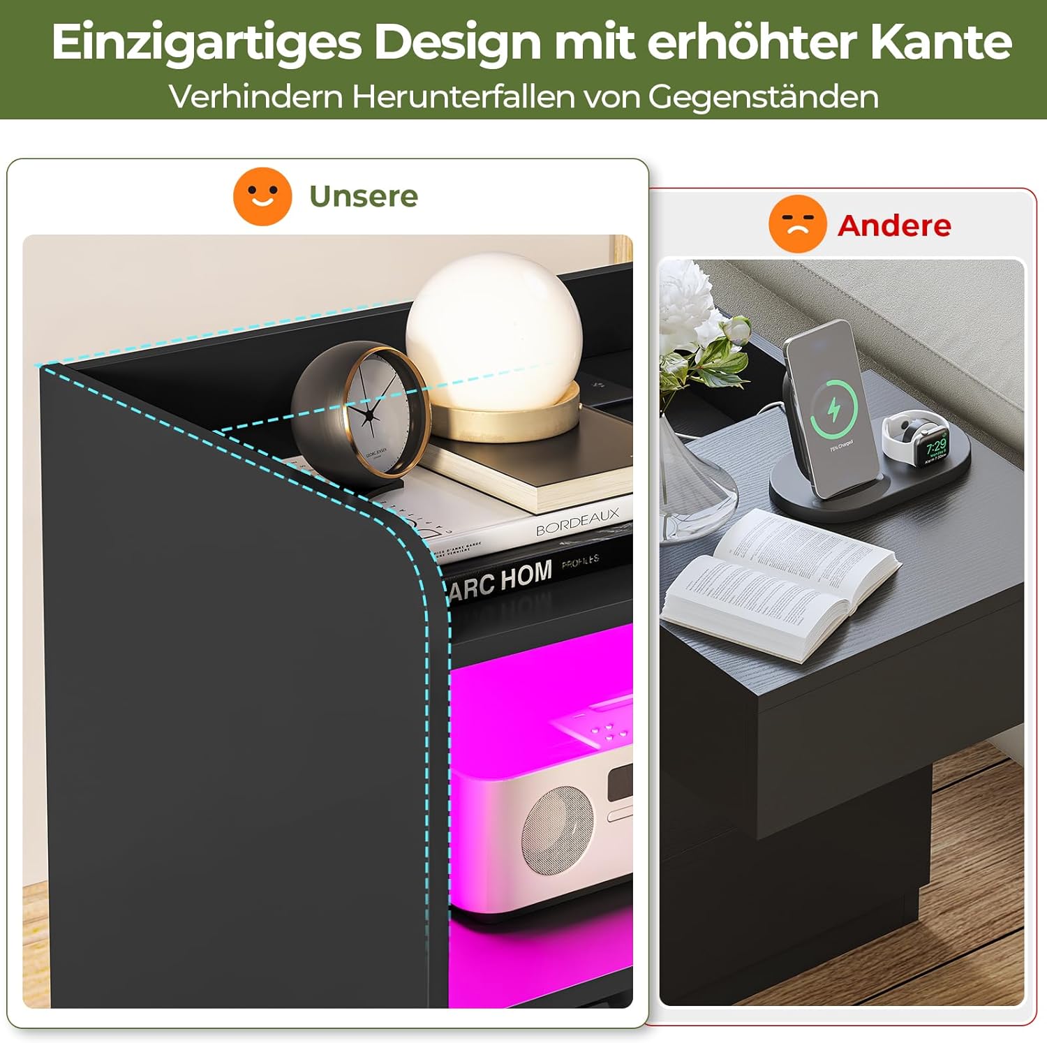 Nachttisch 2er Set Nachttische mit Ladefunktion und LED-Licht Nachtschrank 2er Set mit 2 Schubladen Nachttisch Schwarz Beistelltisch Schwarz Couchtisch Sofatisch für Schlafzimmer, Wohnzimmer