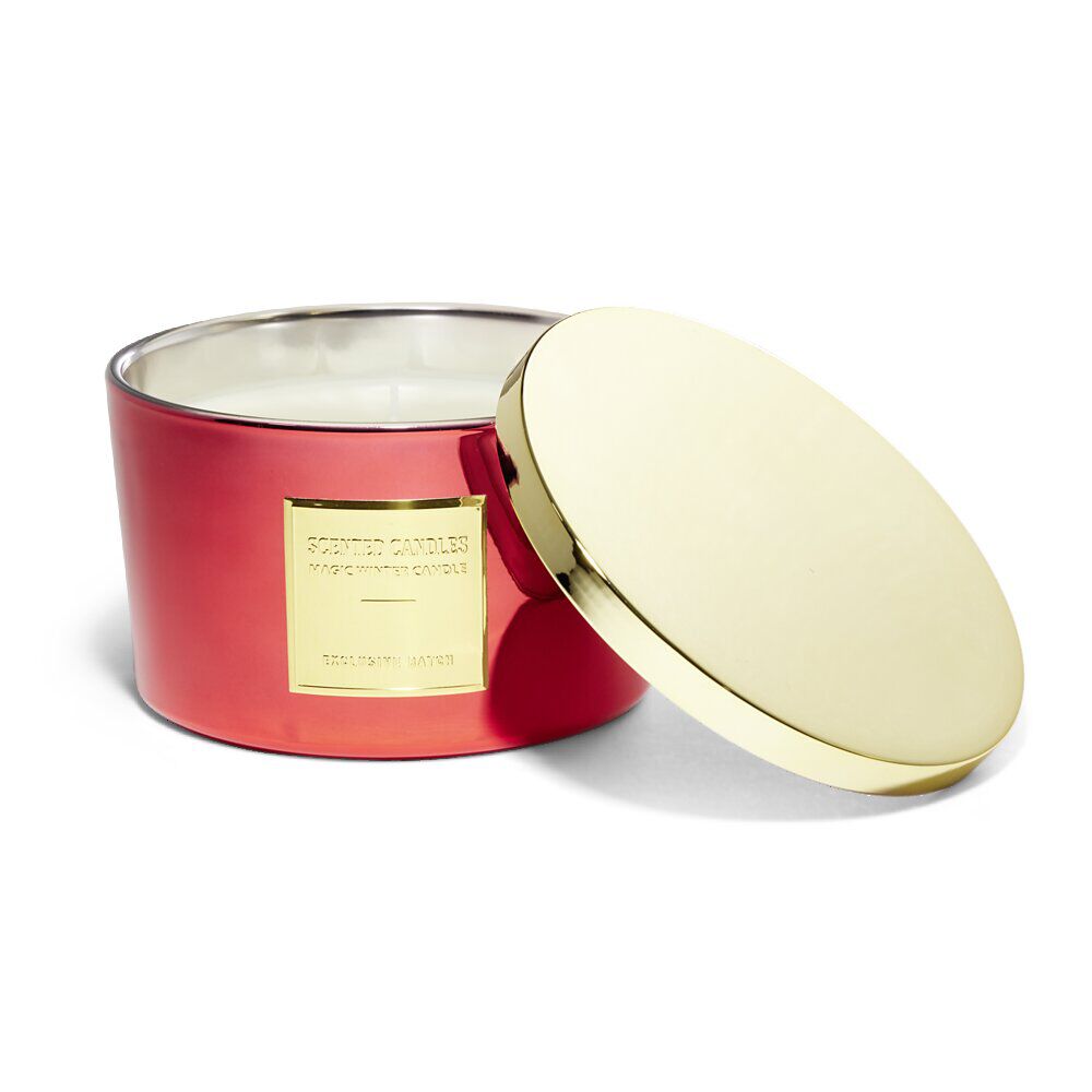 Bougie avec couvercle pot métallisé rouge et doré senteur fruits rouges 30H