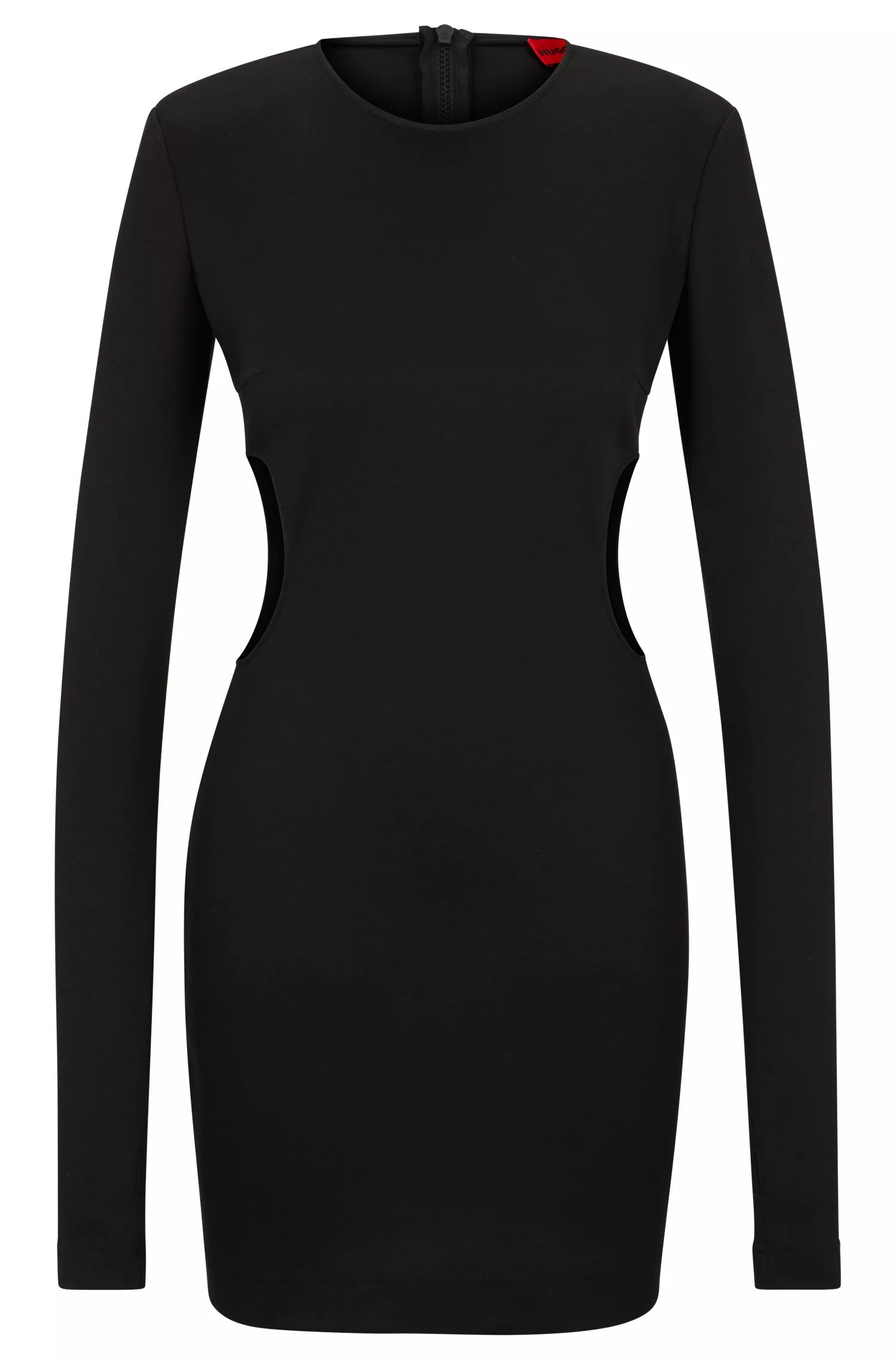 Vestido HUGO vermelho de malha com mangas compridas e recortes laterais.