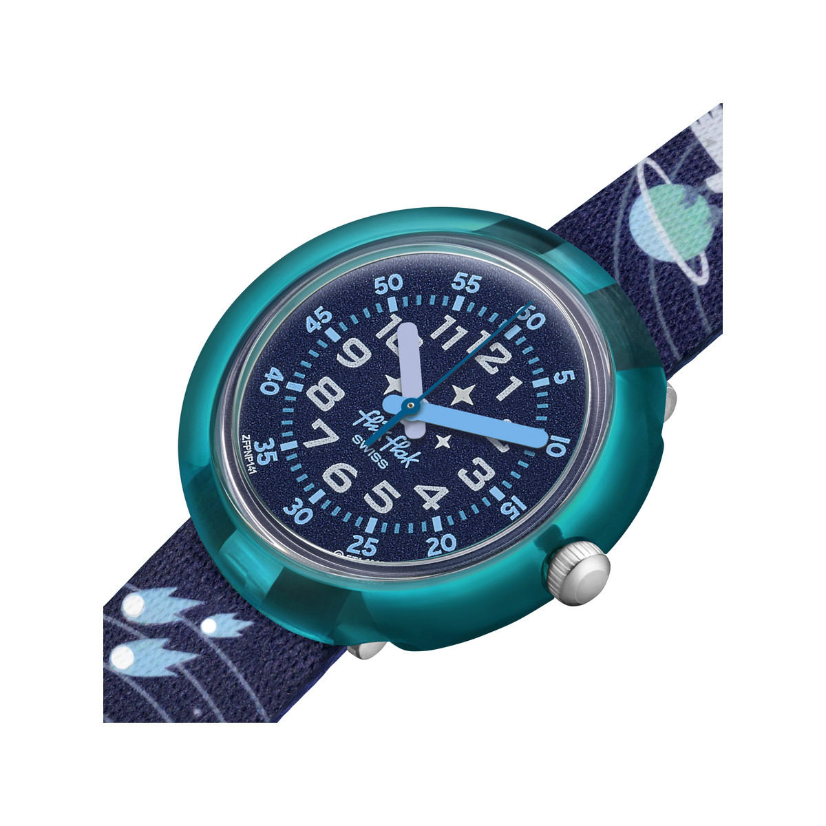 Montre FLIK FLAK Future dreams Take me to space enfant plastique biosourcé bracelet PET recyclé bleu