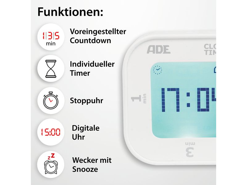 ADE Küchentimer Weiss Digitaler Küchentimer mit Kipp-Start