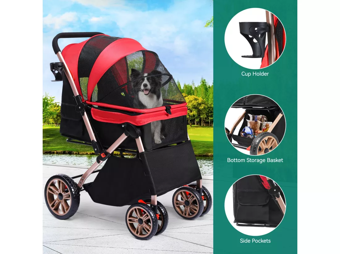 YITAHOME Poussette pour Chien Chat - avec Panier de Rangement - 4 Roulettes - Pliable - Rouge
