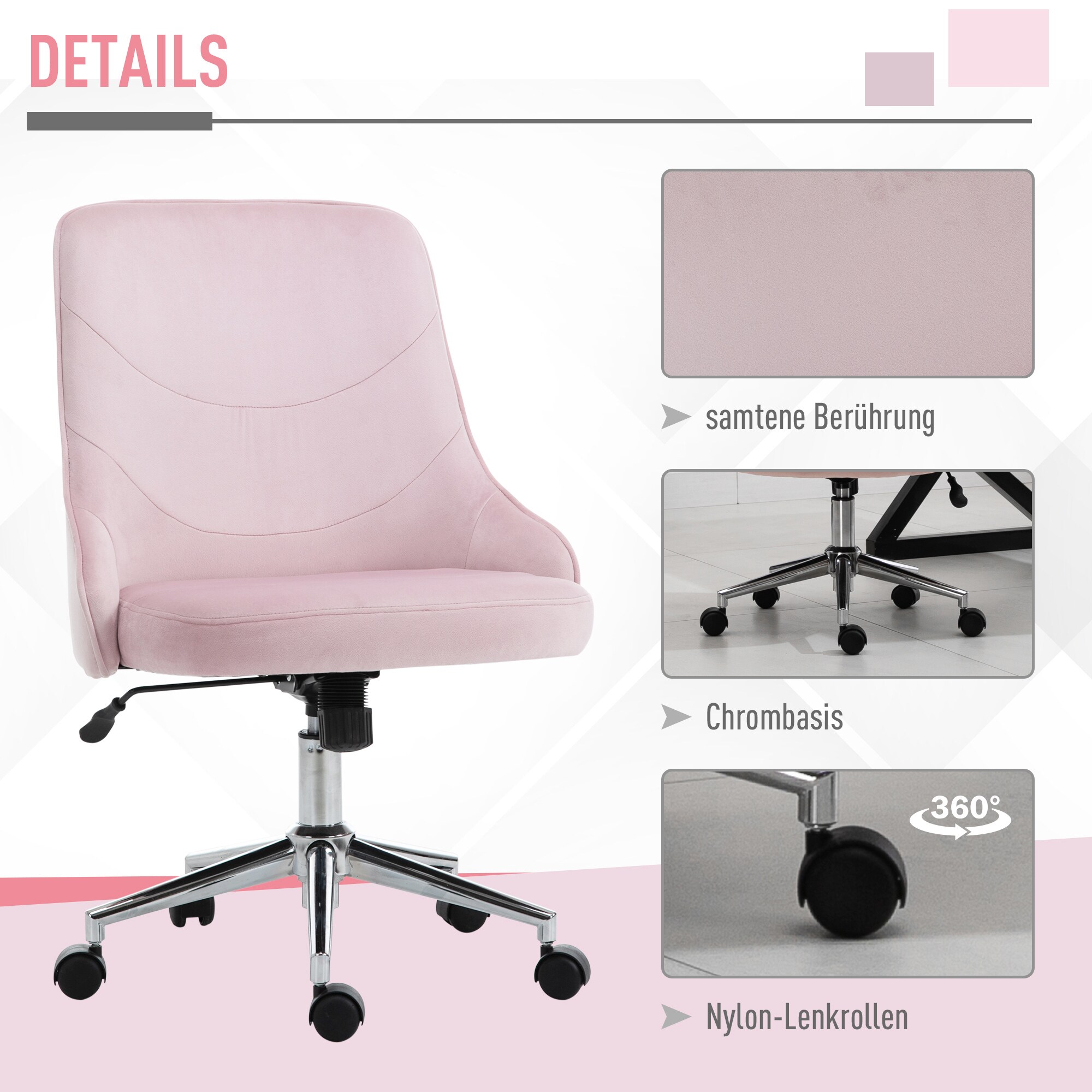 Vinsetto Bürostuhl mit Wippfunktion rosa 57 x 61 x 86-96 cm (BxTxH)