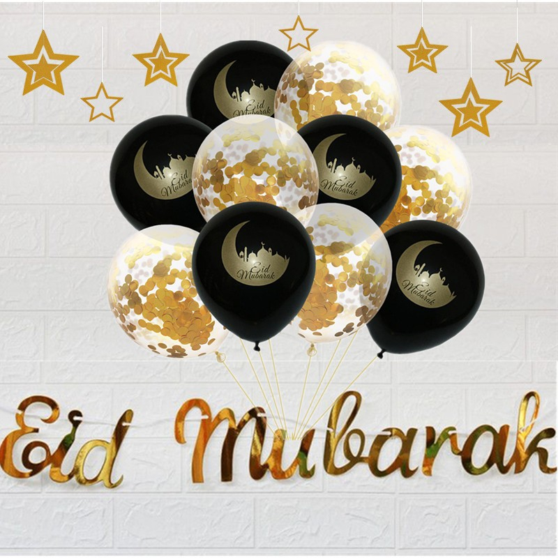 (22-tlg. Set) Ramadan Girlande Eid Mubarak Party Dekoration   Latex Ballons - Gold / Schwarz