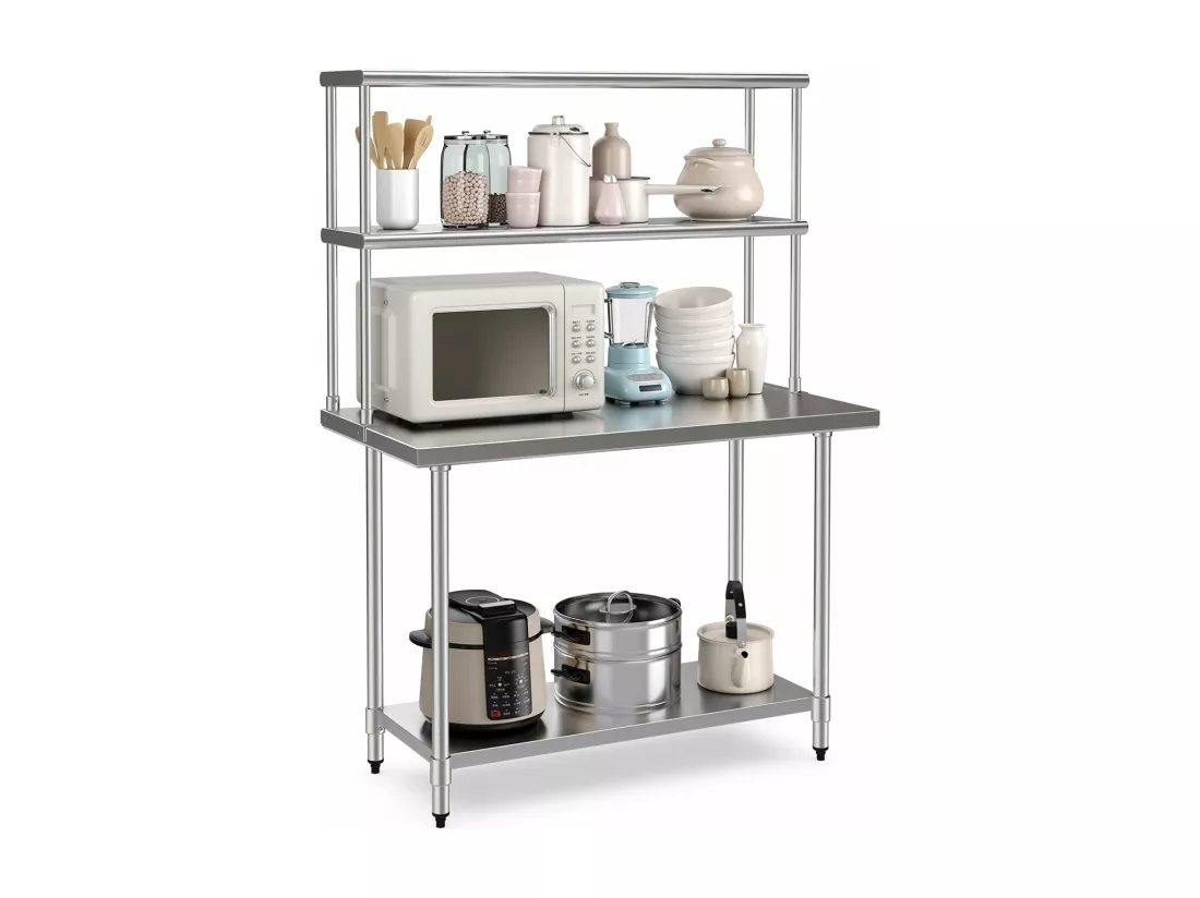 Table de Travail Cuisine 61 x 122 x171 cm avec Étagère Supplémentaire à 2 Niveaux, Acier INOX, Plateau Inférieure Réglable, Charge 617 kg, pour Cuisine, Restaurant, Hôtel