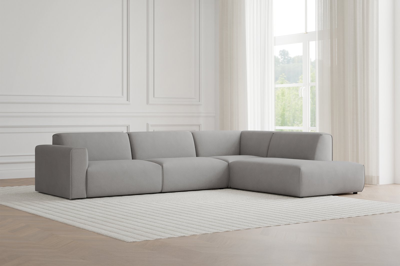 Monaco 3-seter med åpen ende høyre Tekstil Brego 7 Light Grey med sorte ben. Std komfort.