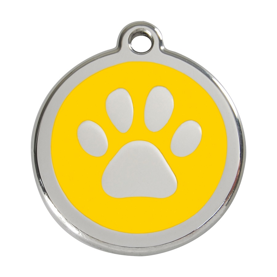 Etiqueta de identificação para cães em aço inoxidável esmaltado com impressão de pata, amarela.