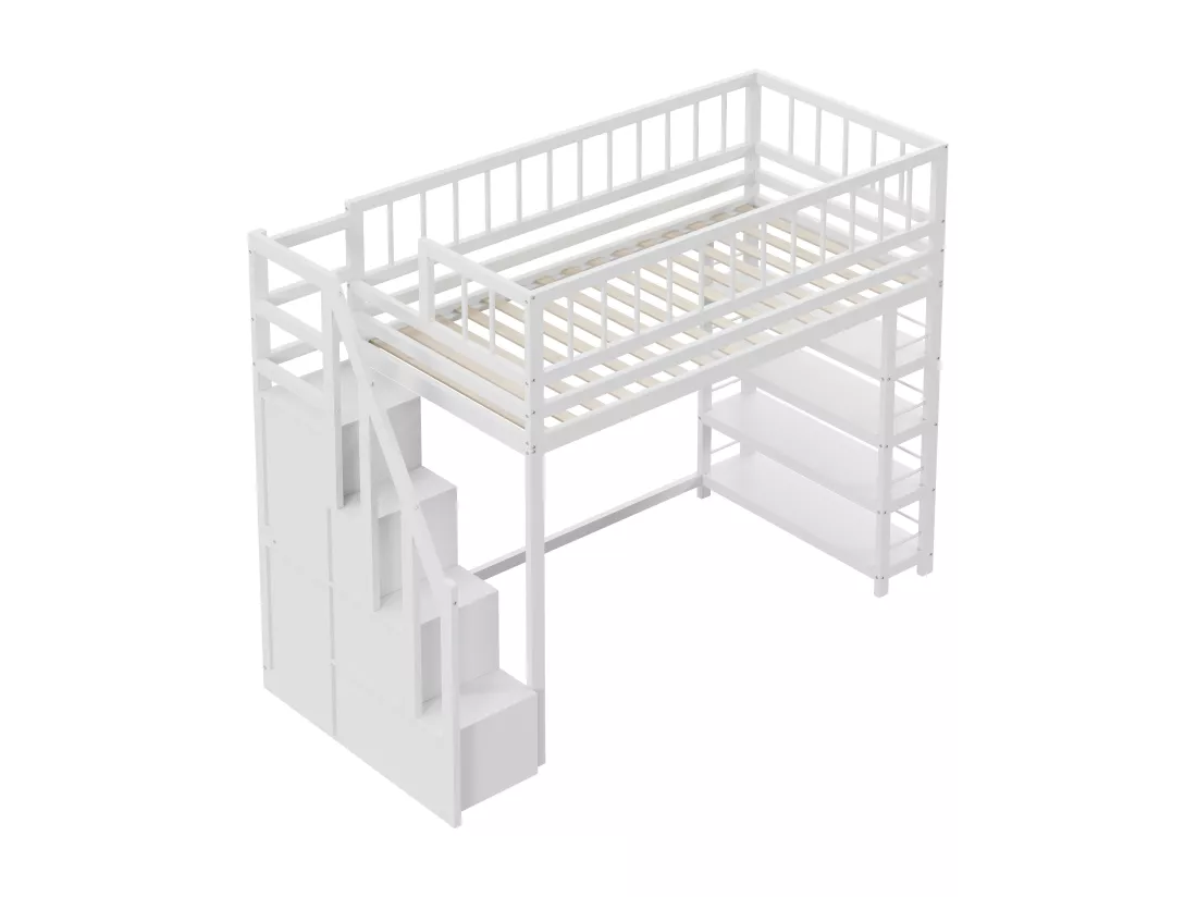Lit mezzanine 90 x 200 cm - étagères + armoire + espace de rangement - bois massif - blanc