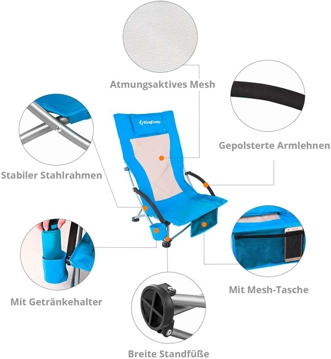 KingCamp High Beach Chair Faltstuhl mit hoher Lehne und Liegestuhl-Komfort royal blue