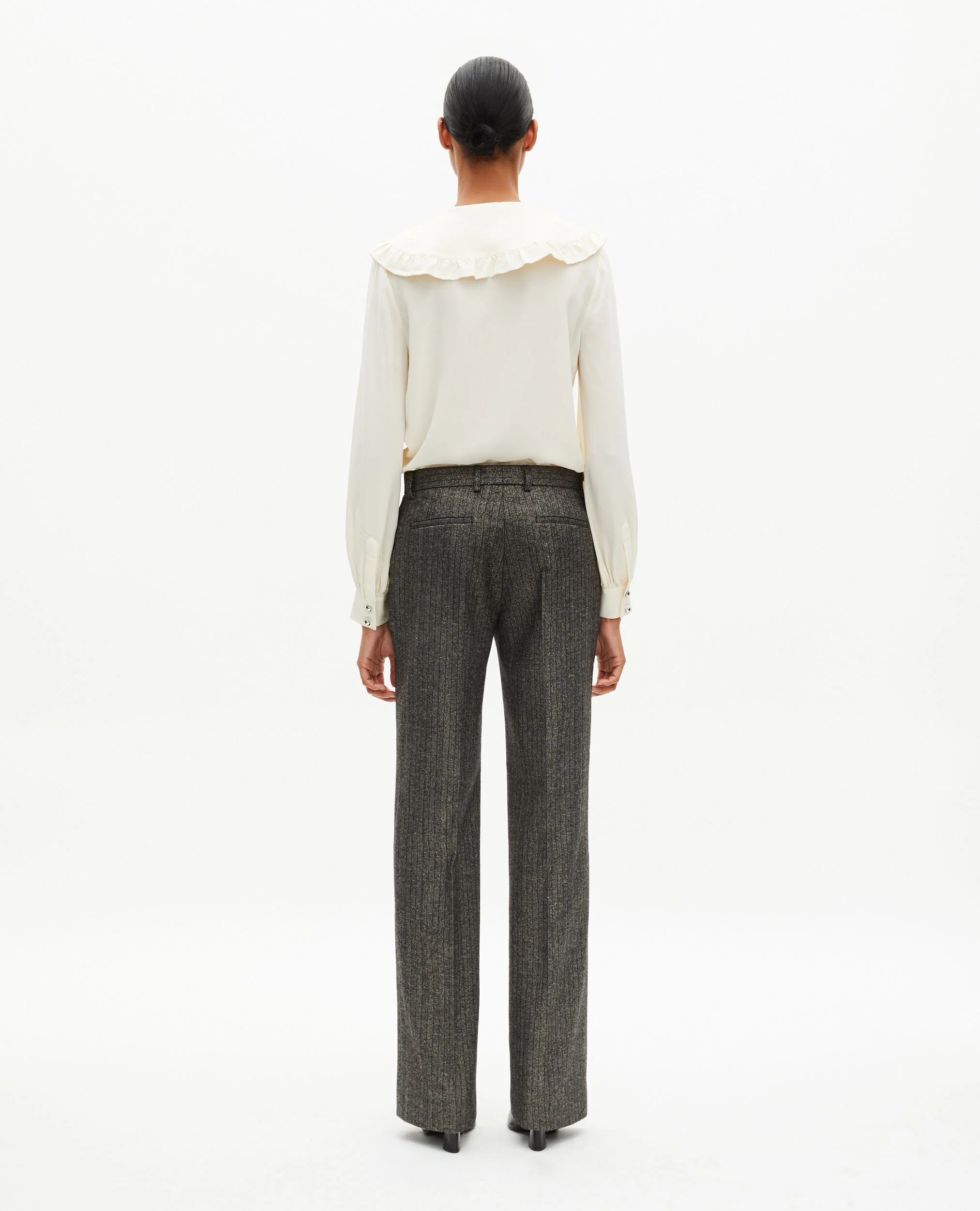 Pantalon tailleur droit à chevrons lurex doré et noir