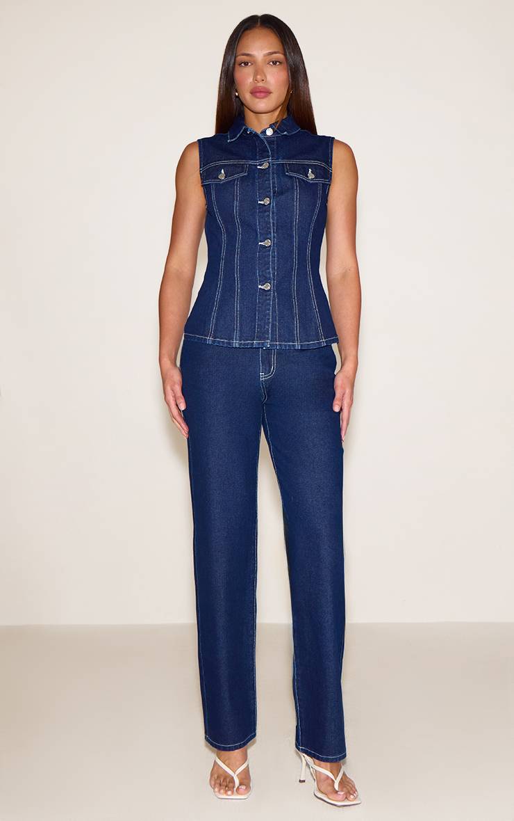 Bleu Indigo Chemise En Jean Sans Manches Cintrée Tall