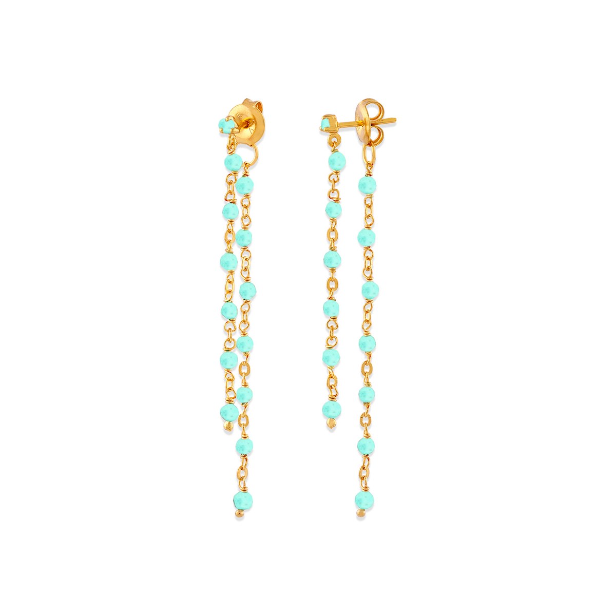 Boucles D Oreilles Argent Dorée Double Chaine Longue Et Pierres Naturelles Amazonite
