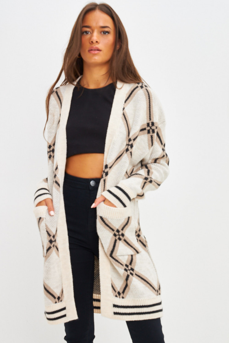 Gilet mi-long en mailles à motif losange beige