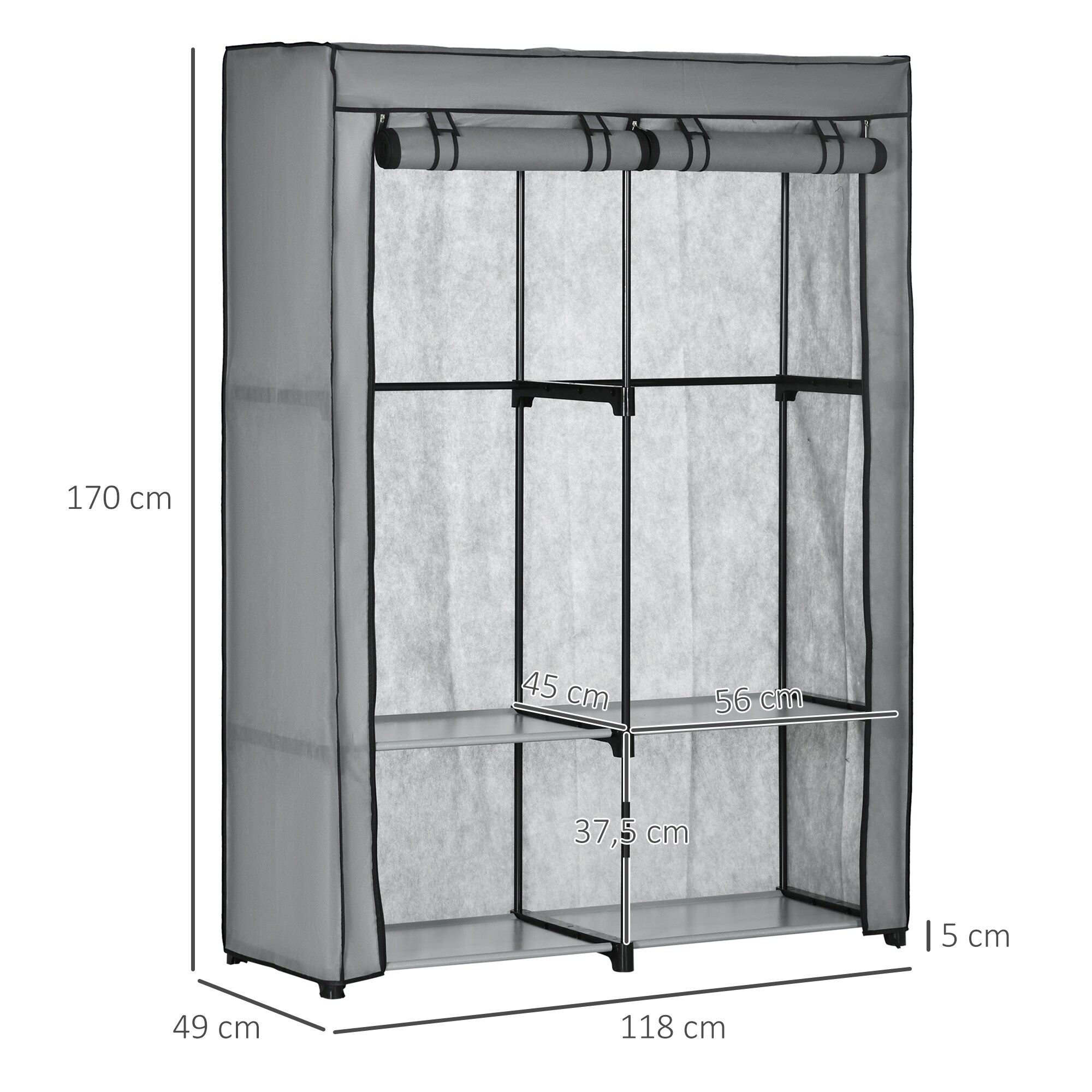 HOMCOM Kleiderschrank mit Reißverschluss grau 118L × 49B × 170H cm