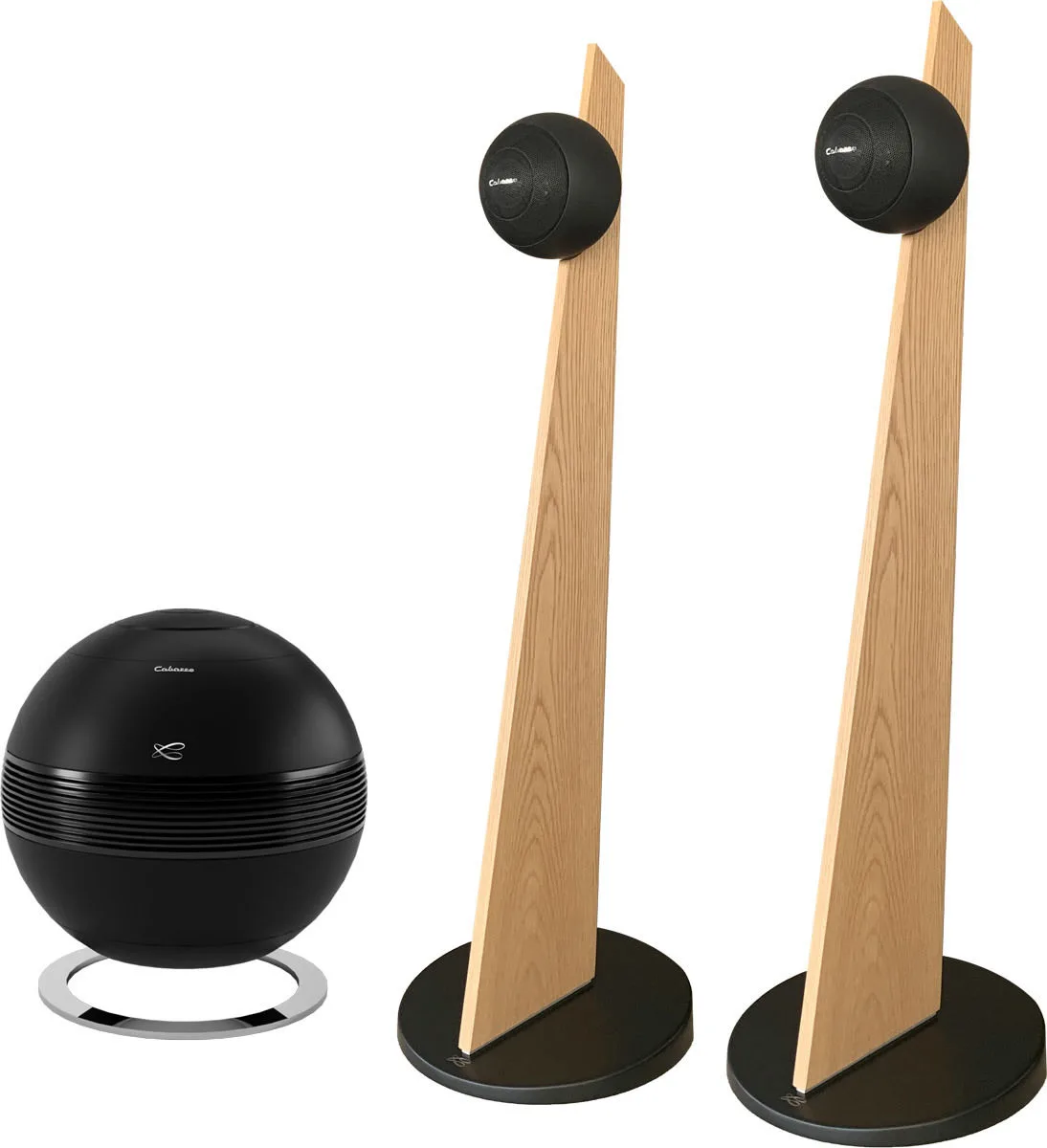 Cabasse Pearl Sub blanc noir   iO3 Blanc noir sur pied noir et socle noir (la paire) Chaînes hi-fi composées