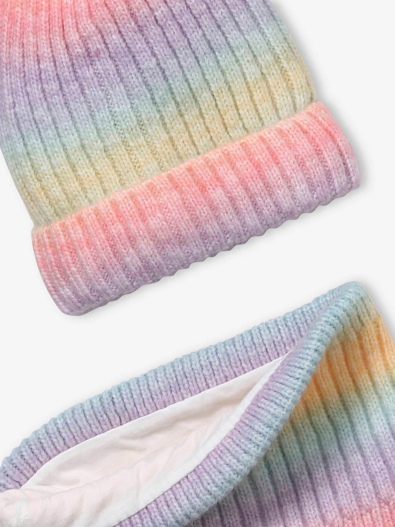 Conjunto de gorro e cachecol arco-íris para meninas 6381
