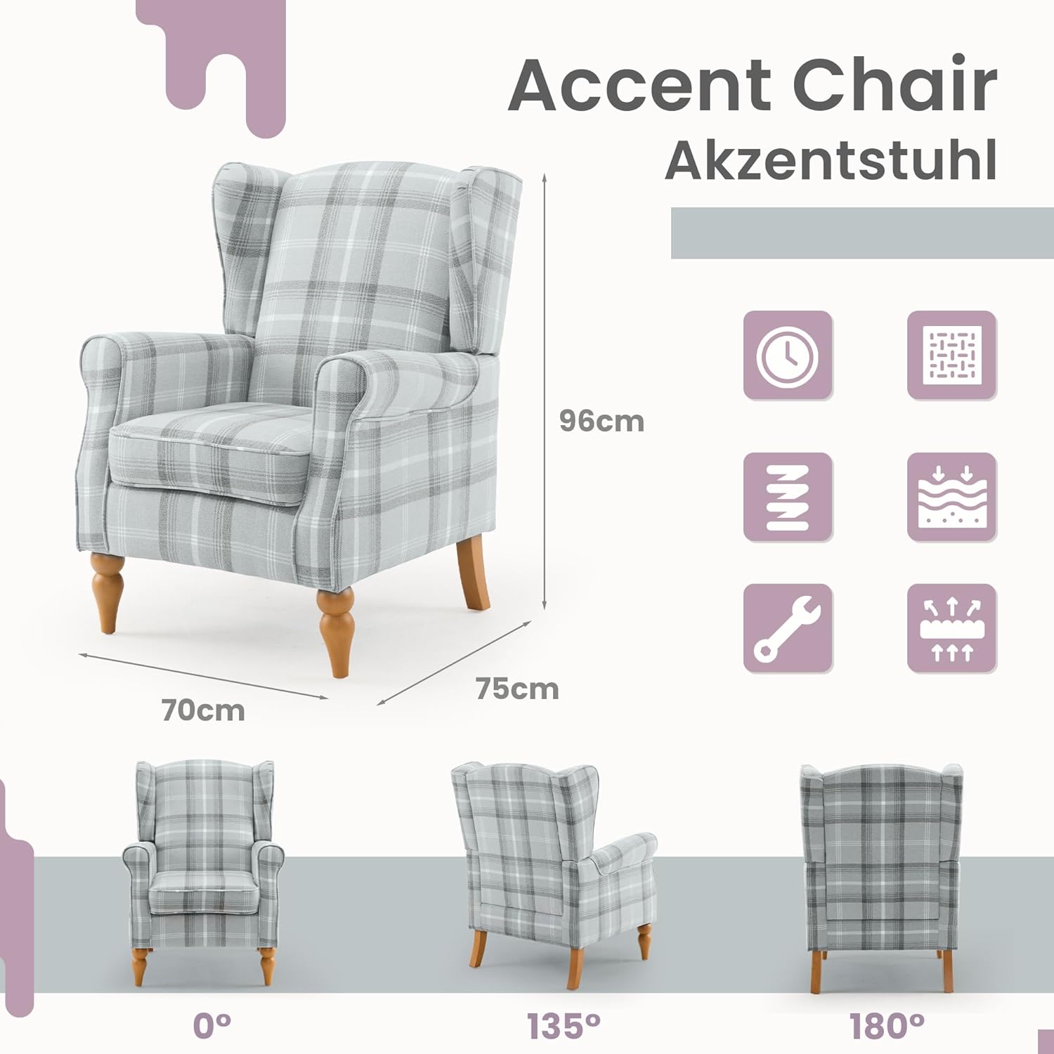 Ohrensessel, Vintage Sessel mit Holzfüße, gepolsterte Relaxsessel, Einzelsessel für Wohnzimmer, Schlafzimmer, Leinen