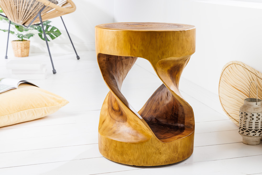 Skulp­tu­raler Beistelltisch ARTE 35cm natur Suarholz rund handmade in Bali Sitzhocker
