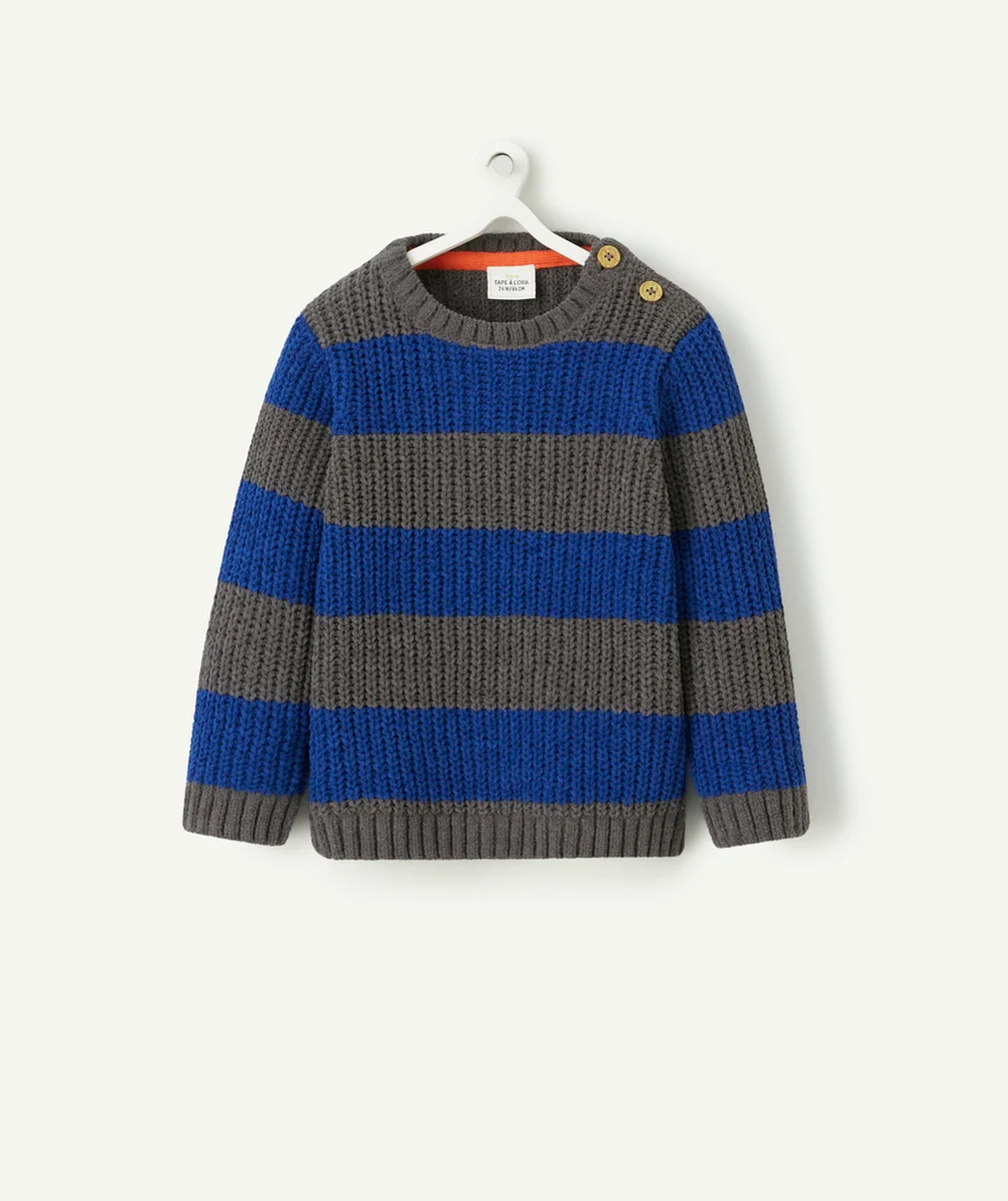PULL TRICOT BÉBÉ GARÇON EN FIBRES RECYCLÉES RAYÉ GRIS ET BLEU