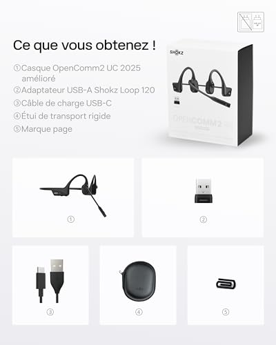 SHOKZ OpenComm2 UC 2025 Upgrade Conduction osseuse avec Adaptateur USB-A, écouteurs Bluetooth Oreilles Libres avec Micro Anti-Bruit, écouteurs sans Fil, 16 Heures d’autonomie, Signet de, Noir
