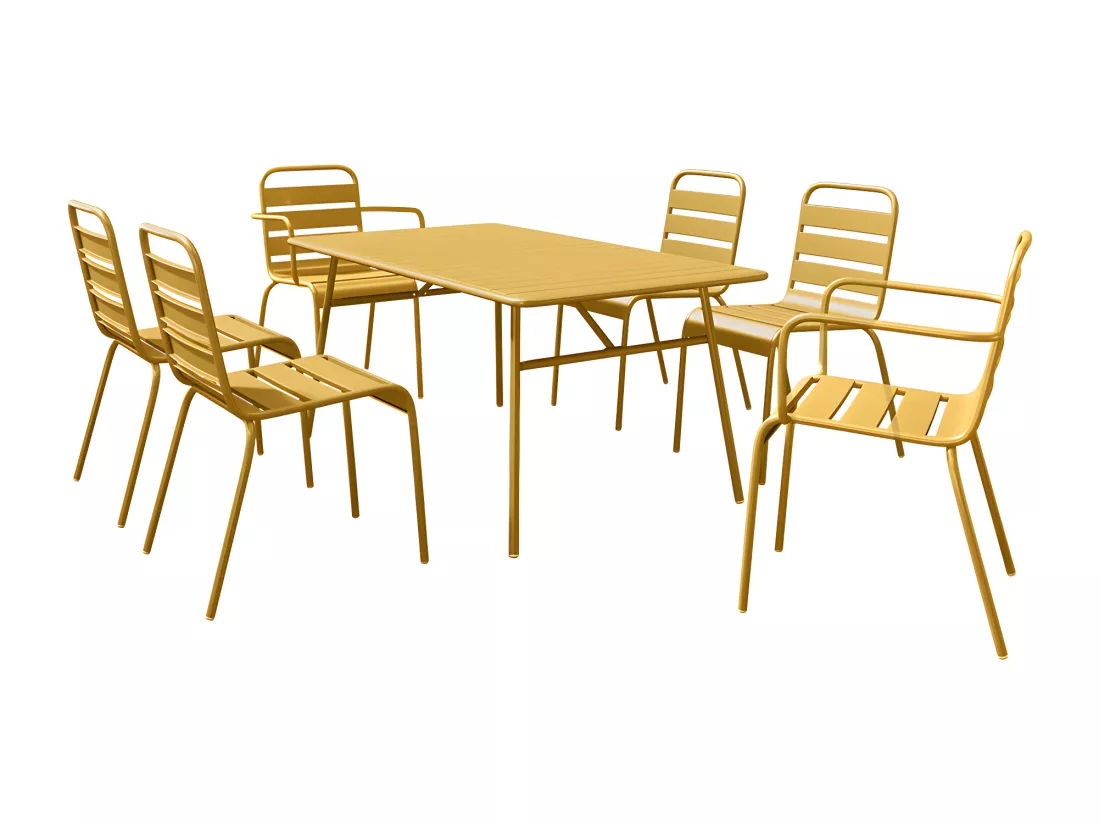 Salle à manger de jardin en métal - une table L.160 cm avec 2 fauteuils empilables et 4 chaises empilables - Jaune moutarde - MIRMANDE de MYLIA