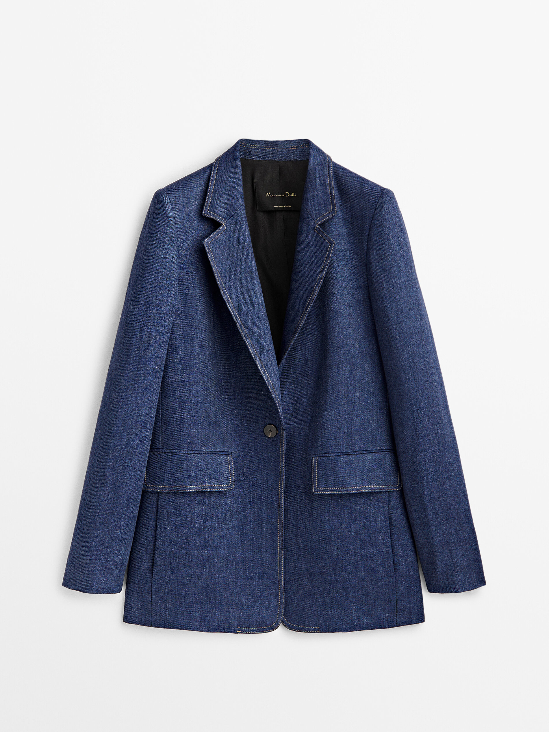 Blazer de linho com um botão e pesponto - AZUL MARINHO