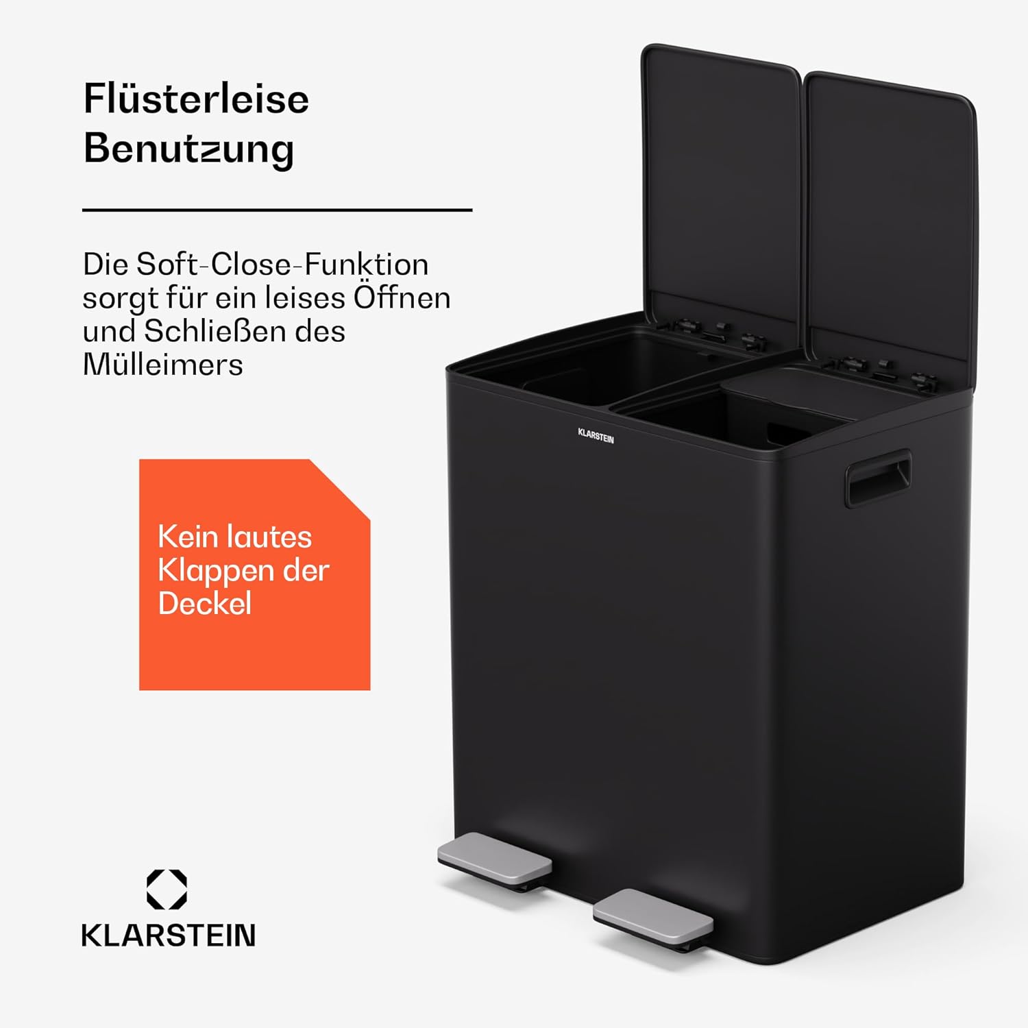 Klarstein EcoVista Mülleimer - 40L Abfalleimer mit 2 Fächern & 3L Komposteimer, Soft-Close, Edelstahl, Küchen-Abfalleimer, Mülltrennsystem