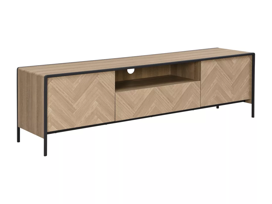 Meuble TV avec 2 portes, 1 tiroir et 1 niche en MDF et acier - Naturel clair et Noir - TUMACO