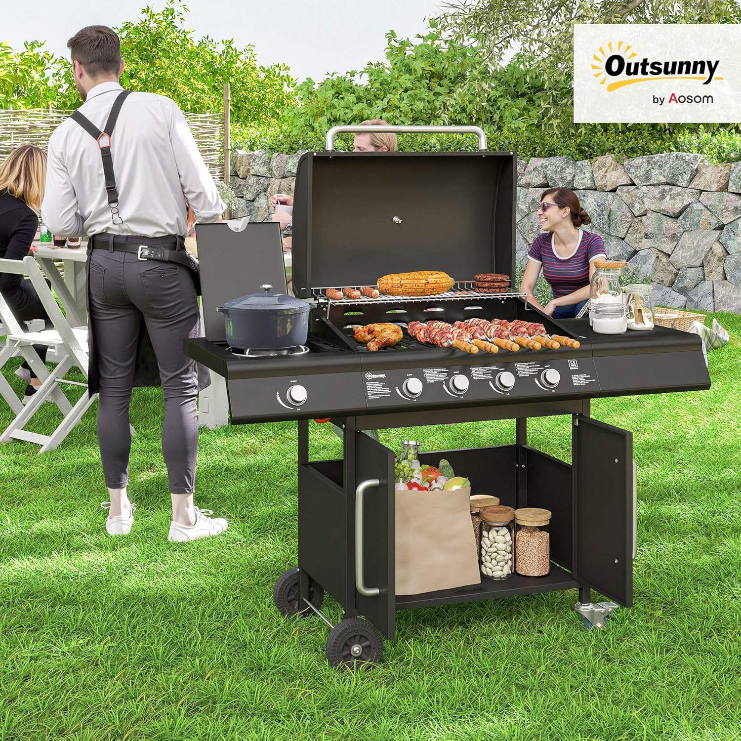 Outsunny Gasgrill 15,2 KW BBQ Gartengrill inkl 5 Edelstahl-Brenner Seitenkocher Rolle Gasschlauch Druckminderer Deckel Seitenablage Thermometer, Grillwagen für Grill, Balkon, 129,5 x 56 x 110 cm