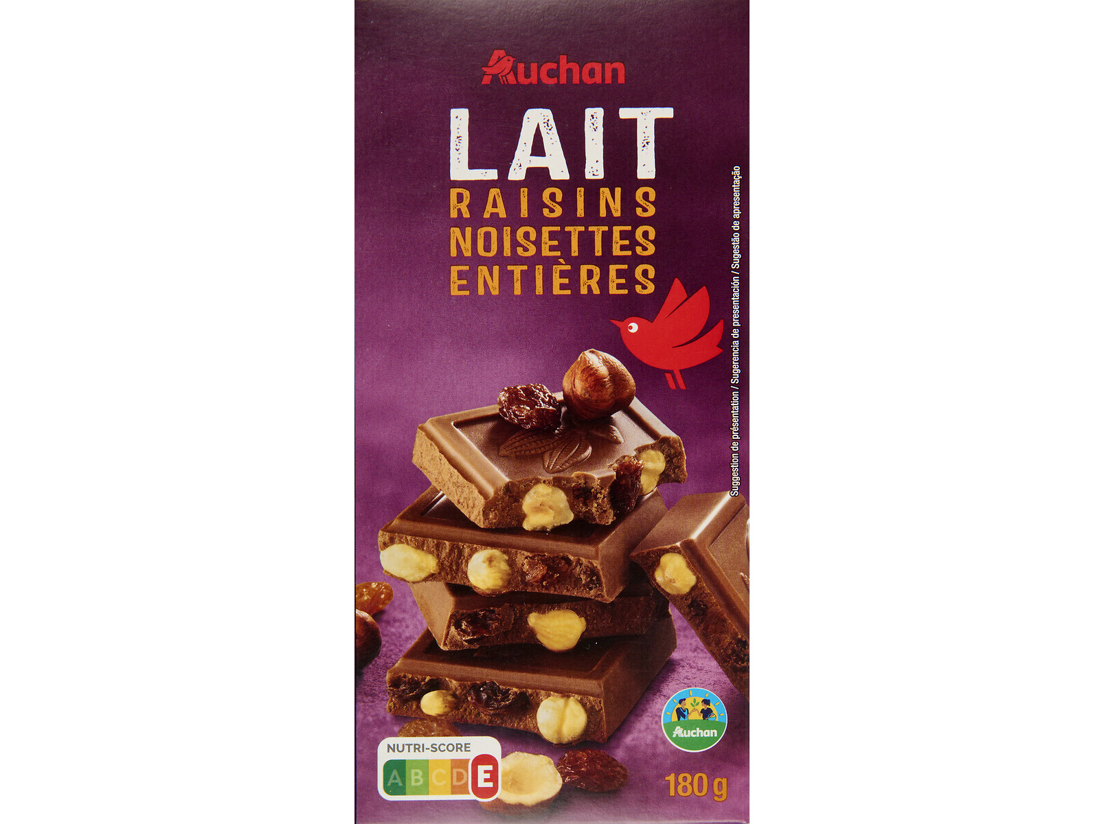 CHOCOLATE DE LEITE AUCHAN C/AMÊNDOAS PASSAS DE UVAS E AVELÃS 180G