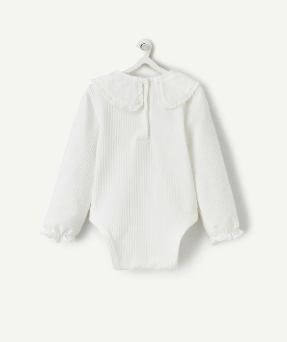 body bébé fille en coton bio écru à côtes avec col claudine