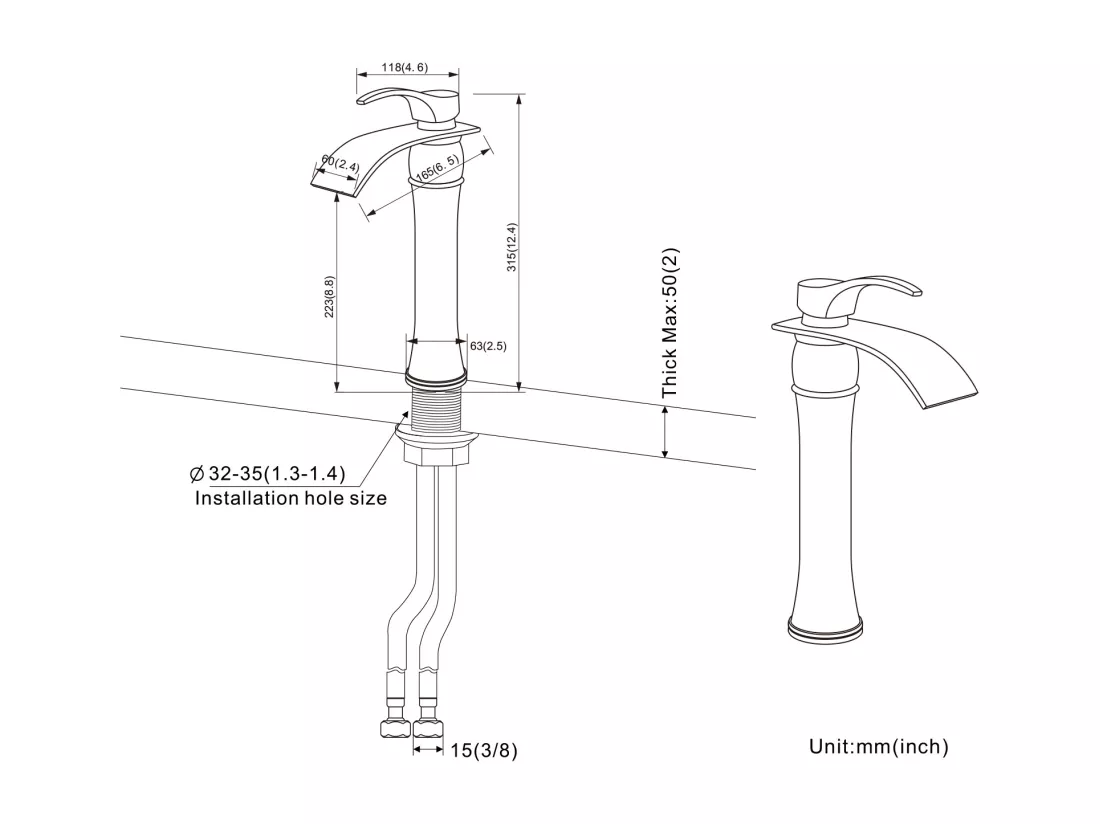 AuraLum Max 2pcs Mitigeur Lavabo Cascade Robinet Monocommand pour Lavabo et Vasque,Haute Bec pour Vasque à Poser -en Laiton,Chromé,EU Modèle