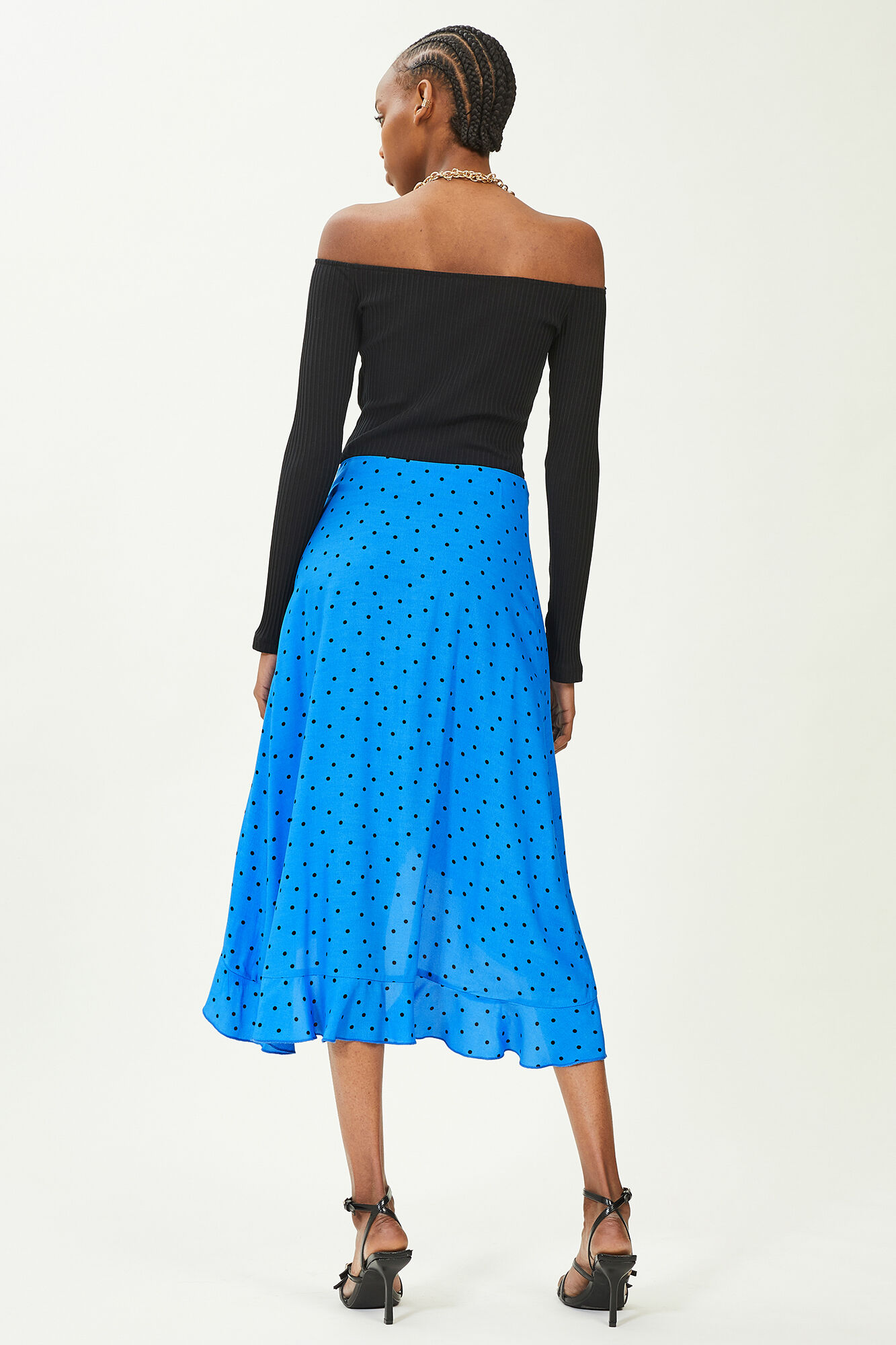 Jupe midi portefeuille avec volants - Bleu