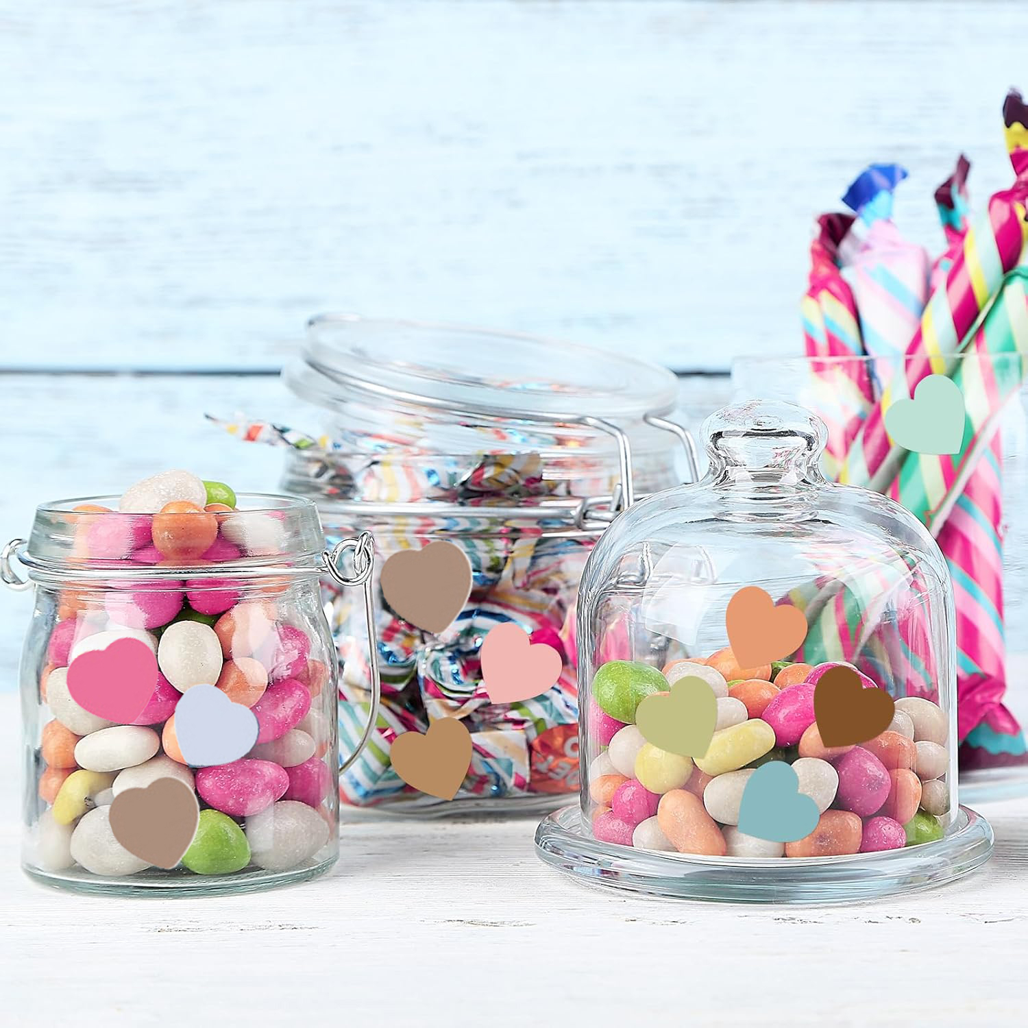 (54er Set) 16mm Herz Aufkleber Heart Sticker Selbstklebende Etiketten - Bunt