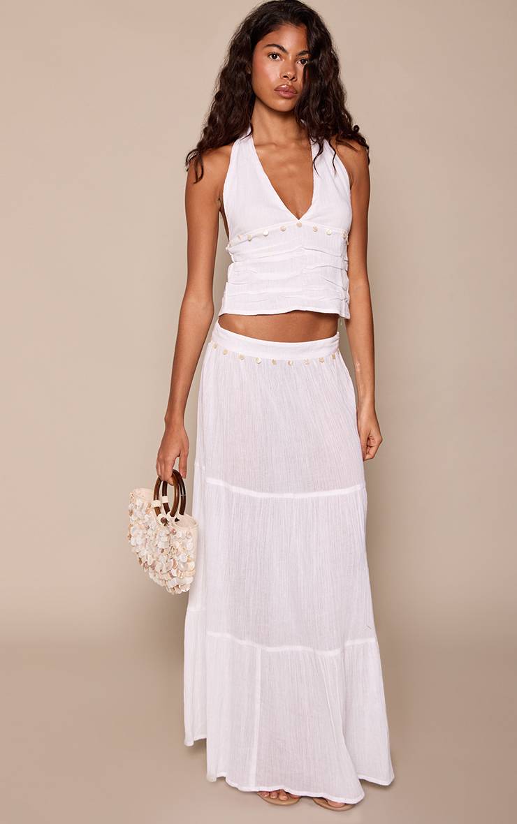 Blanc Ensemble Coordonné Haut En Coton À Col Licou Avec Détails À Sequins
