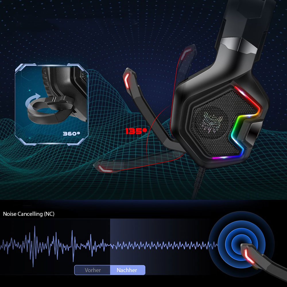 K10 Pro Gaming USB Kopfhörer Over-Ear RGB LED Stereo Headset mit Mikrofon   3.5mm Klinke - Schwarz