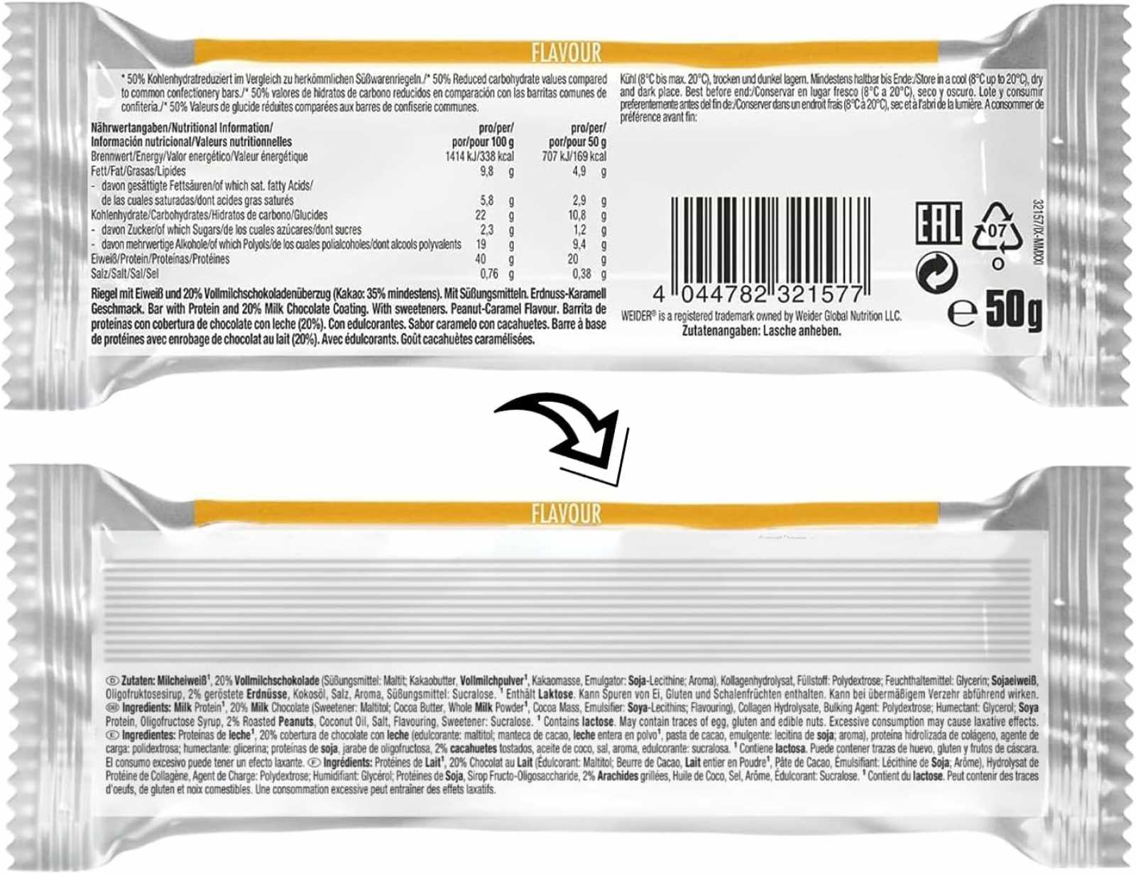 Barra Weider com 40% de baixo teor de carboidratos e alto teor de proteína, 50g