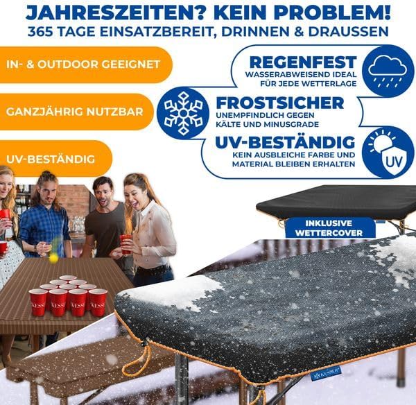 KESSER® Bierzeltgarnitur 3-teilig Set Tisch & 2x Bank | Buffettisch für drinnen & draußen Gartengarnitur klappbar 183x76x74cm Kunststoff Klapptisch Rattan-Look Gartentisch Inkl Abdeckung & Tragegriffe