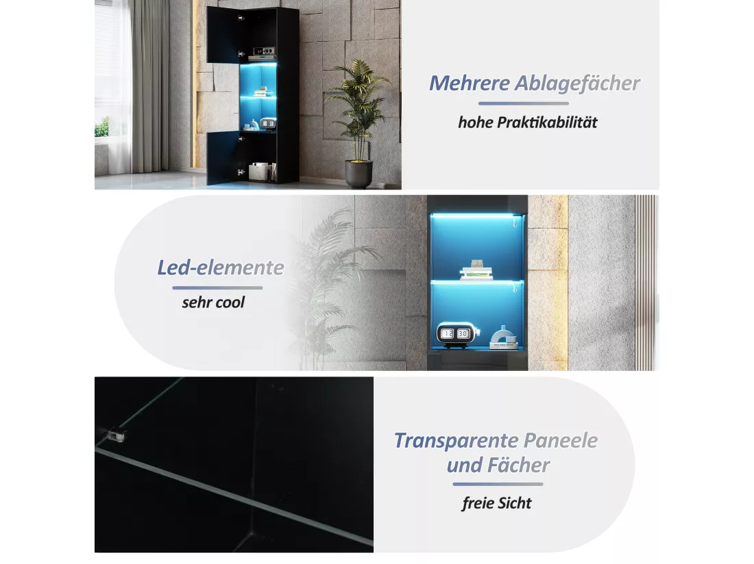 Vitrine avec 2 portes et 1 étagère en verre - 45 x 35 x 160 cm - LEDs - Panneaux de particules - Noire brillant