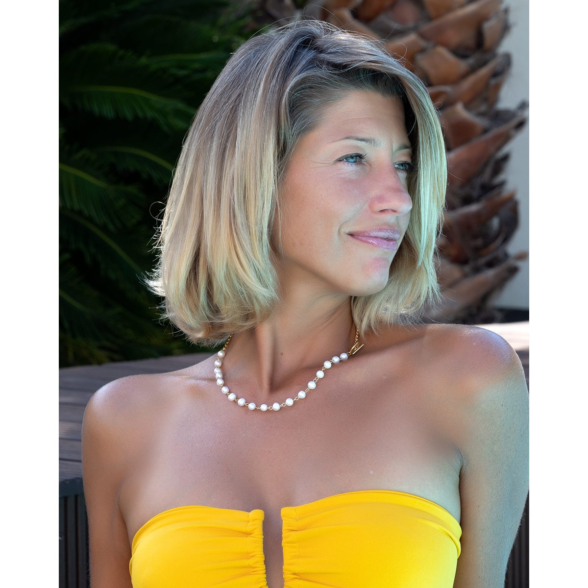 Collier acier jaune 40+5cm avec perle d'eau douce