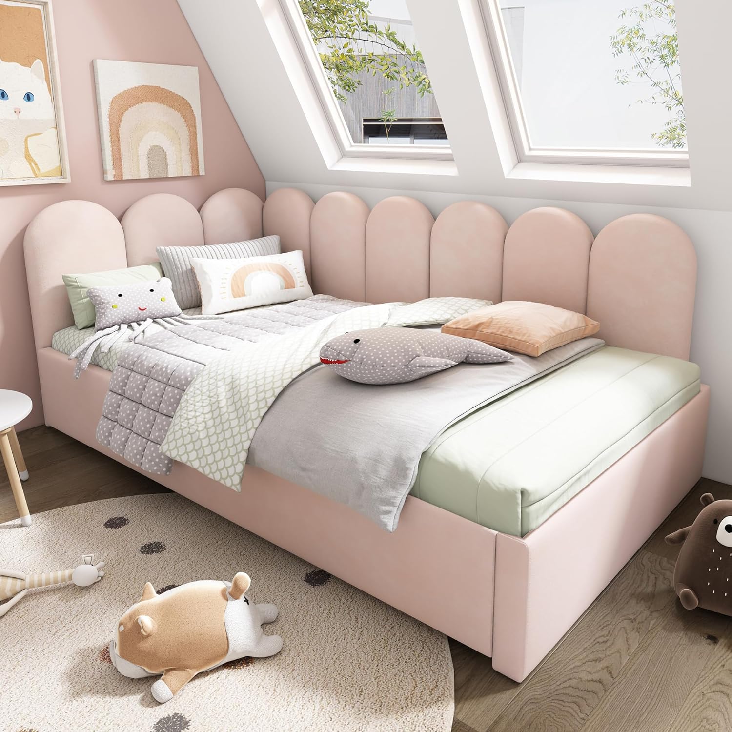 Polsterbett Tagesbett 90x200 Einzelbett mit Ausziehbett 90x190 cm, Kinderbett Jugendbett Daybett Gästebett Schlafsofa Sofabett Bettgestell mit Lattenrost aus Metall, Ohne Matratze, Samtstoff, Rosa