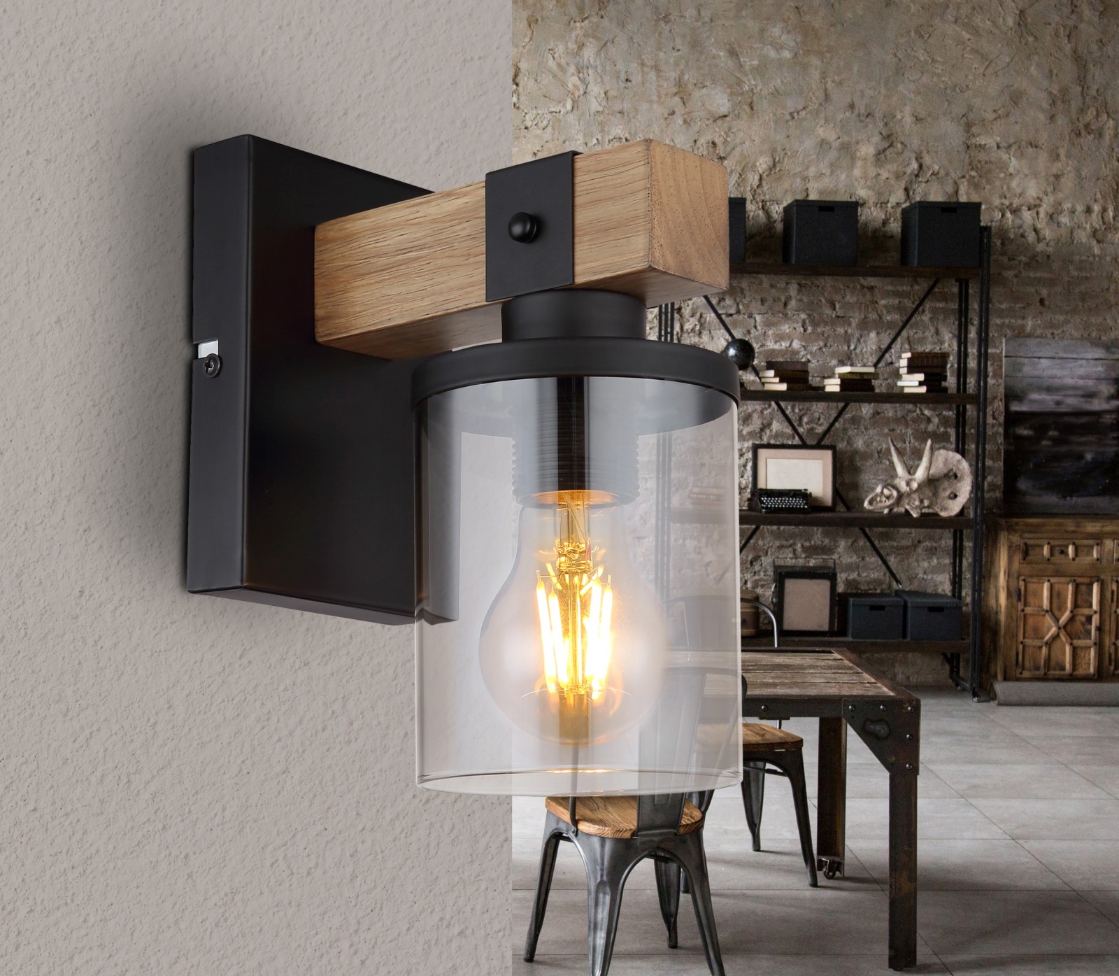 Wandlampe - schwarz matt - Holz - Metall - 22,5 cm